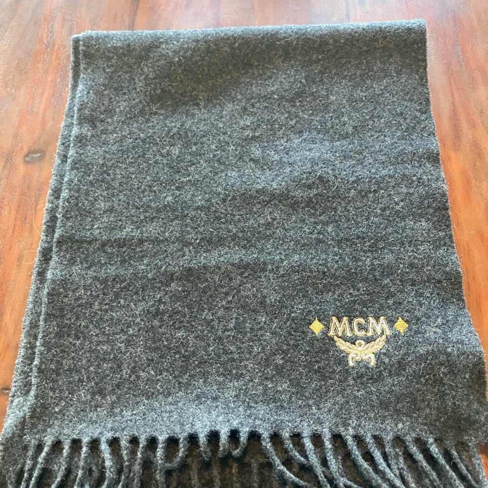 MCM Men's Charcoal Gray Scarf with Gold Embroidered Logo